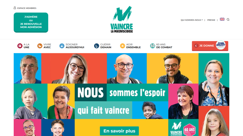 Charity website header with navigation and hero section showing diverse smiling people and slogan about hope
