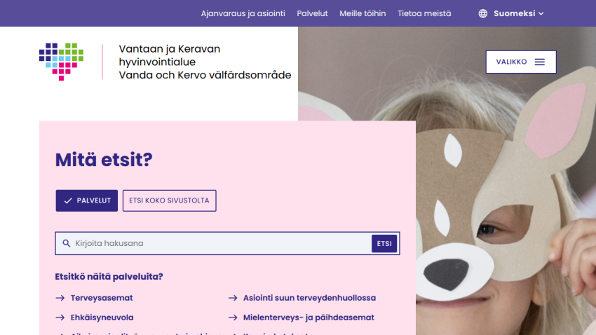 Vantaan ja Keravan hyvinvointialue website with search bar and service links in Finnish and Swedish