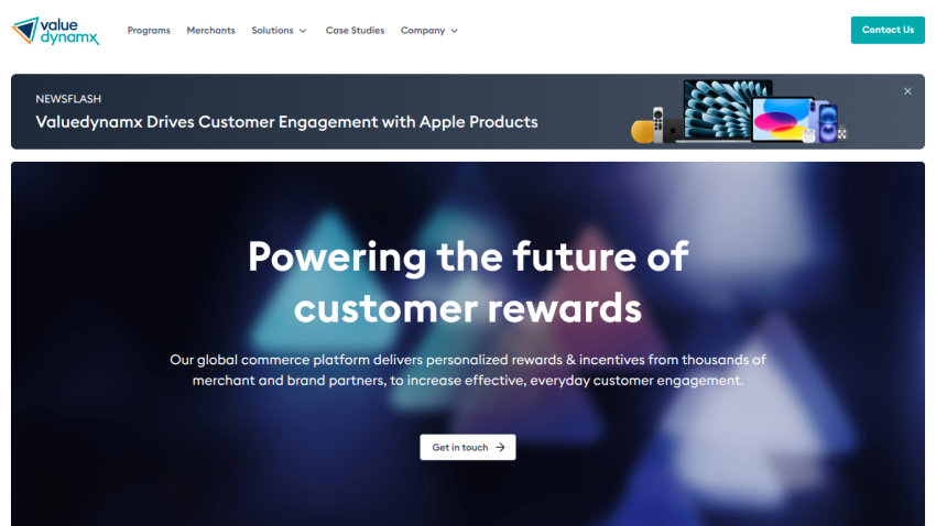 Website hero section with headline 'Powering the future of customer rewards' and a call-to-action button