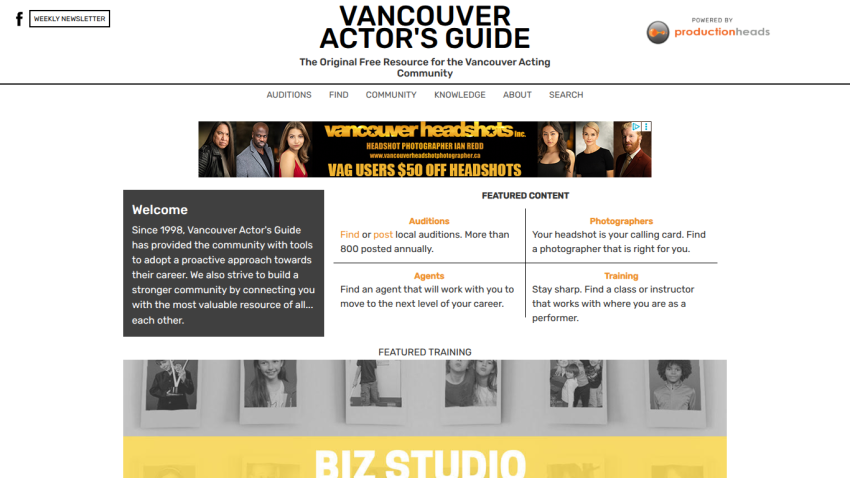 Homepage of Vancouver Actor's Guide featuring resources for the acting community.