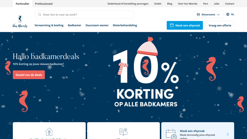 E-commerce homepage offering 10% discount on all badkamers with navigation and call to action