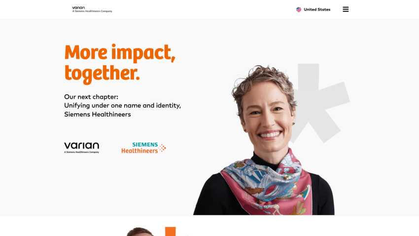 Homepage featuring a woman smiling with the text 'More impact, together.' and branding for Siemens Healthineers.