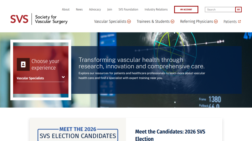 Homepage of SVS with options for vascular specialties and a mission statement.