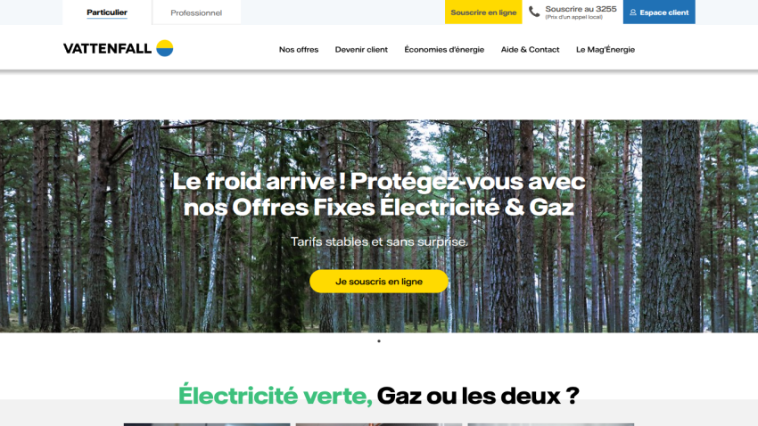 Vattenfall offers green electricity, natural gas, or both with pricing and environmental commitment details.