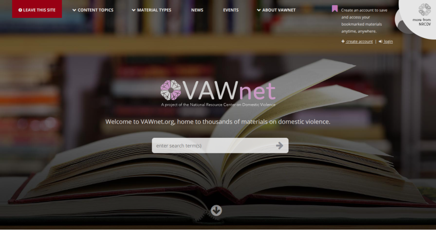 VAWnet homepage with navigation menu, welcome text about domestic violence materials, and search bar over an open book background