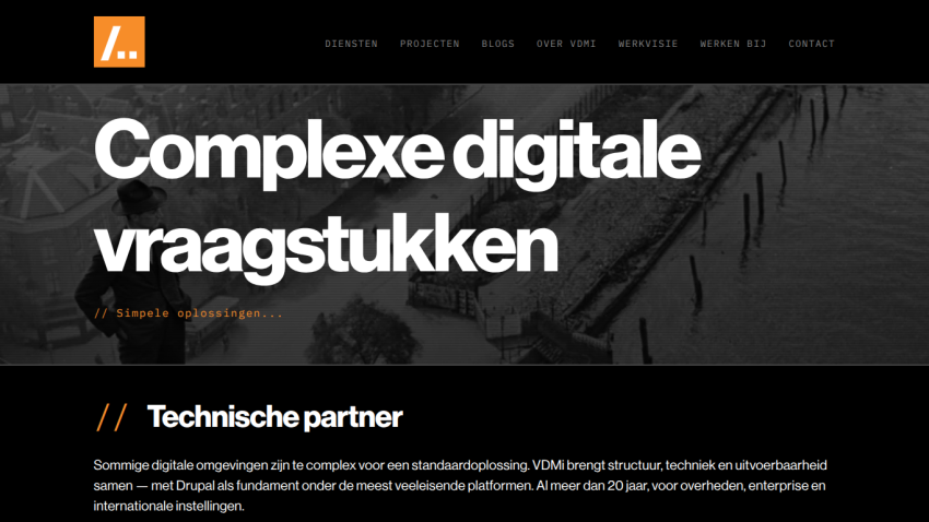 Website header featuring the title 'Complexe digitale vraagstukken' and a subtitle about technical partnerships.