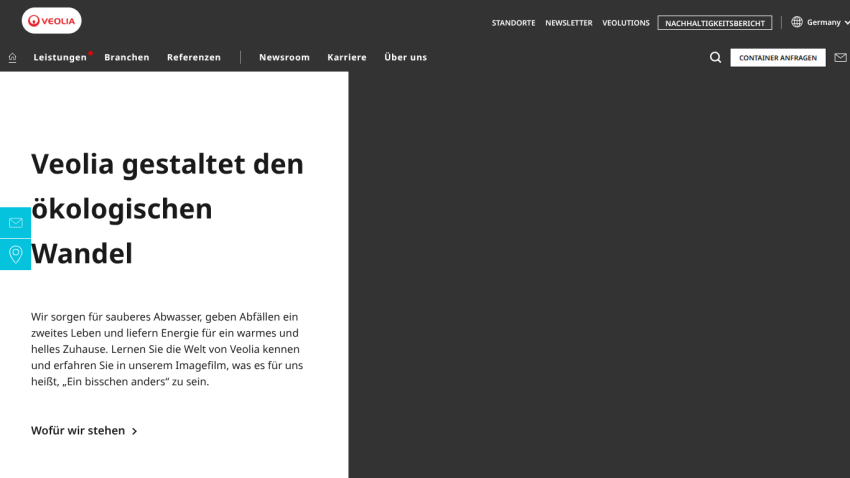 Veolia website hero section with headline about ecological change and description of services in German
