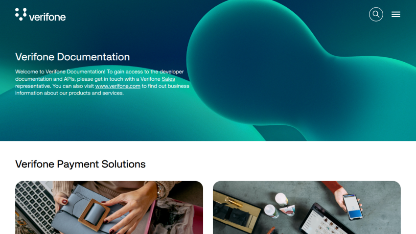 Verifone documentation page with a welcome message and payment solutions section.