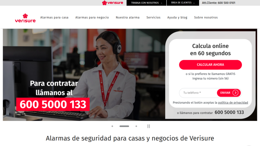Verisure homepage with security alarm options, contact number, and online calculator form in Spanish