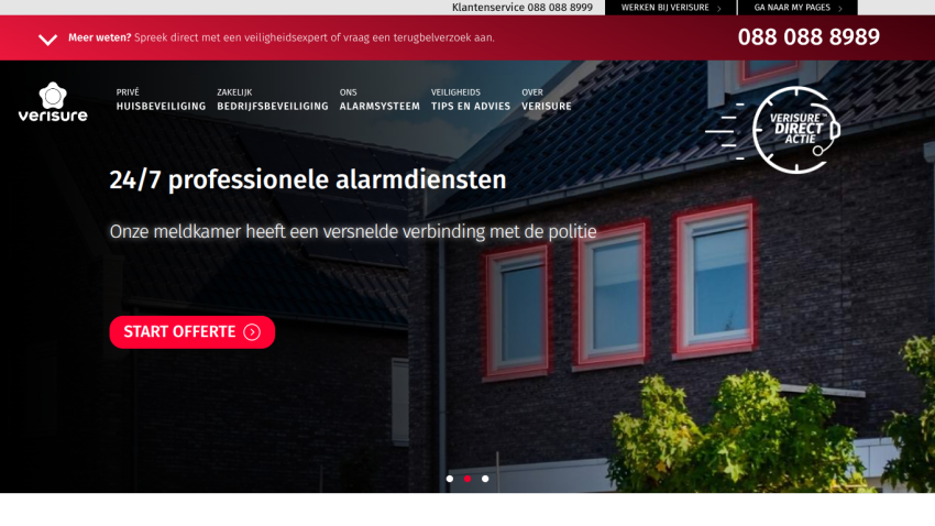 Verisure homepage offering 24/7 professional alarm services with quick police connection and a call to action button