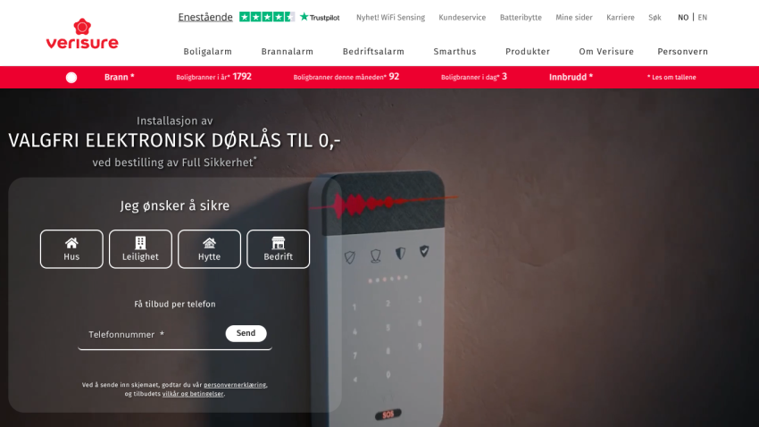 Verisure homepage with electronic door lock offer, security options for house, apartment, cabin, business, and phone number input