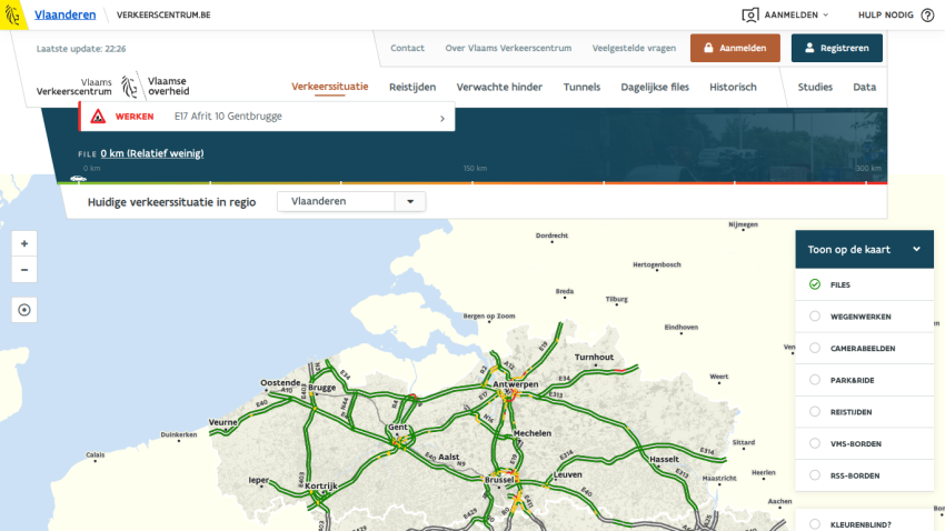 Traffic situation map of Vlaanderen region showing current traffic conditions and roadworks info