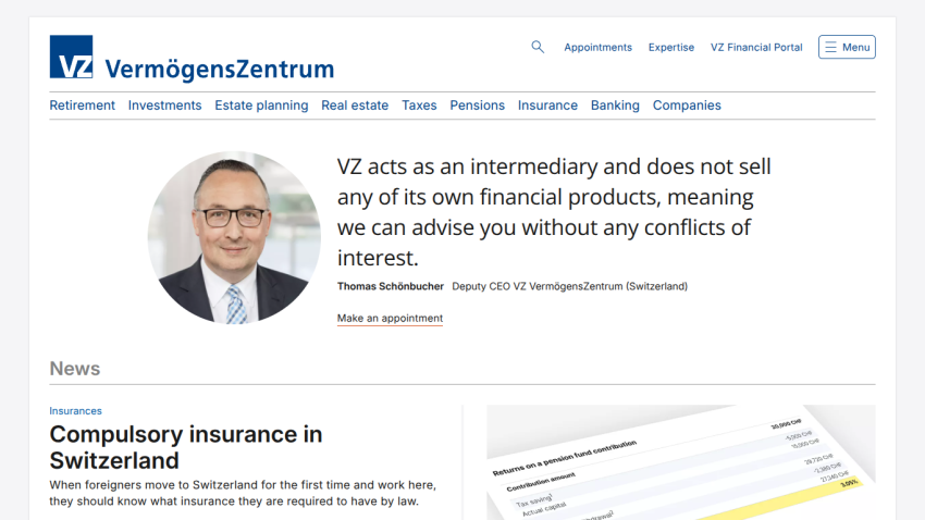 VZ VermögensZentrum homepage with financial advisory statement, navigation menu, and news on compulsory insurance in Switzerland