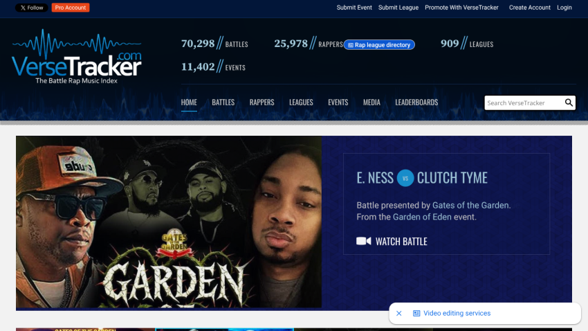 VerseTracker homepage featuring Bonnie Godiva vs Fendi battle highlight.