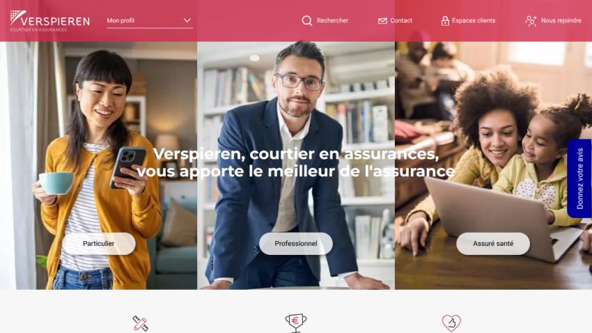 Verspieren insurance broker homepage with options for individuals, professionals, and health insured