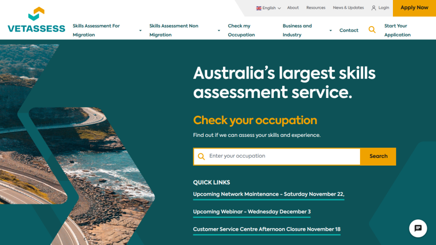 Vetassess homepage offering Australia's largest skills assessment service with occupation search and quick links