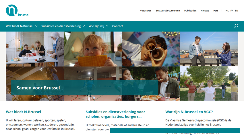 Brussel VZW homepage with navigation, hero images of people and animals, and sections on subsidies and services