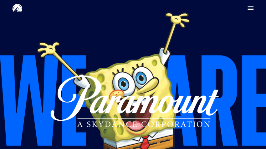 Paramount's homepage featuring SpongeBob with 'WE ARE' text prominently displayed.