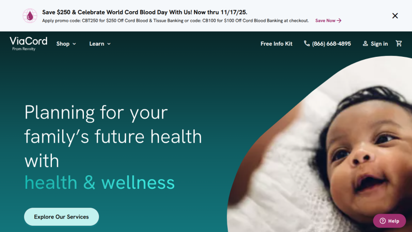 Website hero section promoting family health planning with health and wellness services and a smiling baby image