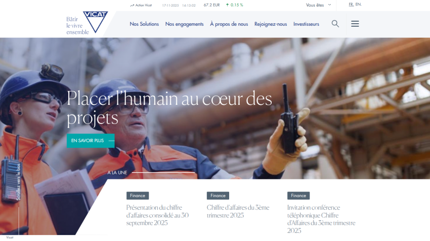 Vicat website homepage with navigation and hero section showing workers and project focus text in French