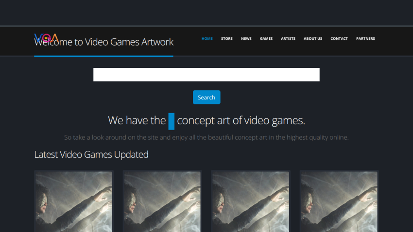 Homepage featuring search bar and tagline about video game concept art.