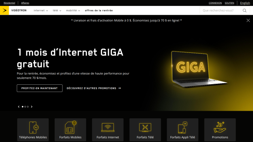 Promotional banner for 1 month of free GIGA internet with a laptop image.