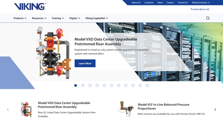 Viking website showcasing Model VXD Data Center Upgradeable Pretrimmed Riser Assembly with navigation menu and product details