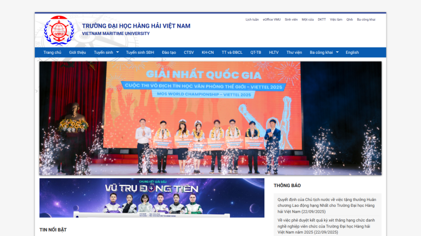 Vietnam Maritime University website homepage with navigation menu, large concert crowd hero image, and news section