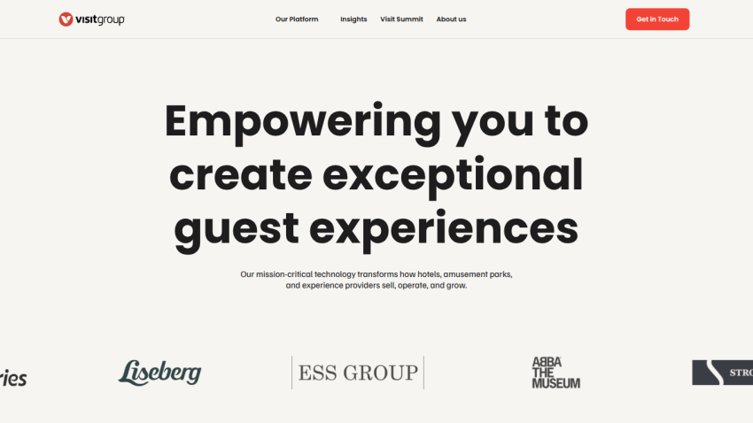 Visit Group homepage with headline about creating exceptional guest experiences and client logos