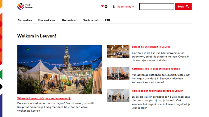 Welcome to Leuven tourism site with navigation and articles about winter, university, coffee bars, and rainy day tips