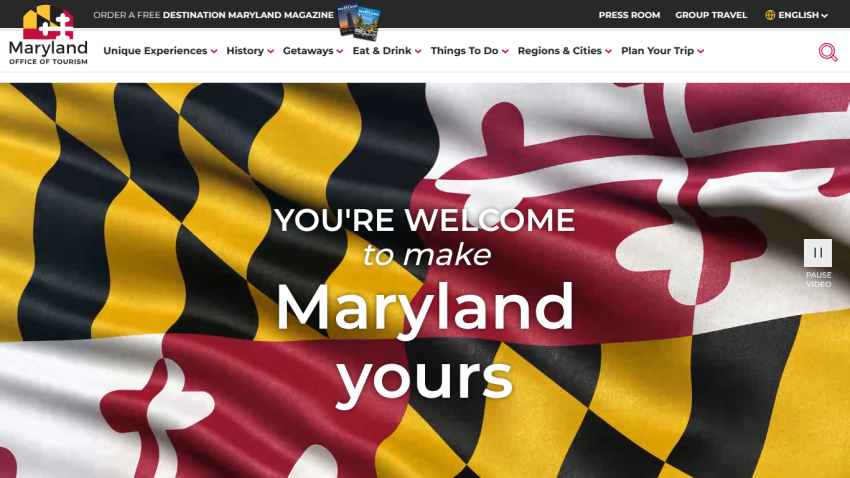 Welcome message inviting visitors to explore Maryland as a travel destination.