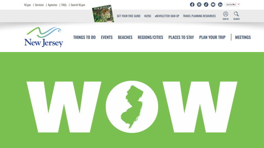 New Jersey tourism website featuring a bold 'WOW' headline and state outline on a green background.