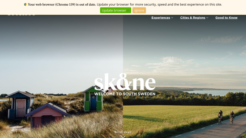 Welcome to South Sweden Skåne with scenic coastal huts and cyclists on a countryside road