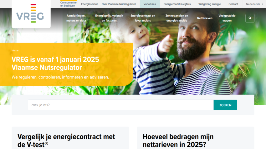 VREG homepage announcing it as Vlaamse Nutsregulator from January 1, 2025, with navigation and search bar