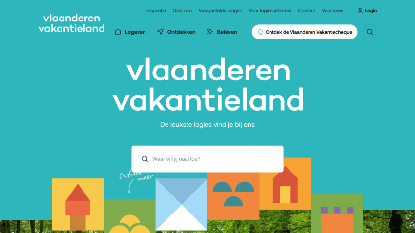 Vlaanderen vakantieland homepage with search bar and navigation for lodging, discovery, and experiences