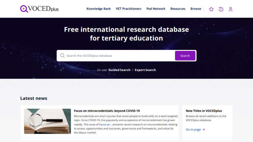 Homepage of a free international research database for tertiary education with search bar and latest news articles.