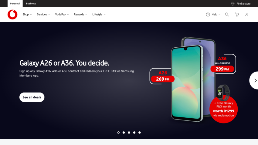 Promotional banner for Galaxy A26 or A36 with pricing details and call to action.