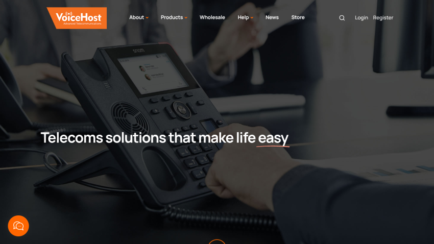 VoiceHost website showcasing telecom solutions with a phone and tagline.