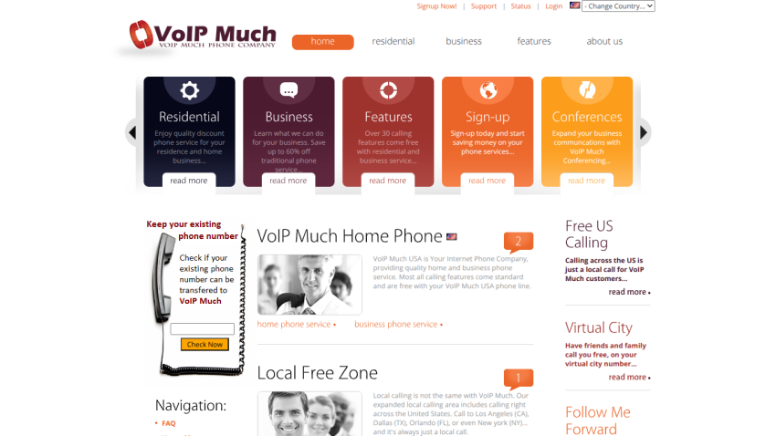 VoIP Much homepage with navigation tabs for residential, business, features, sign-up, and conferences; info on home phone service and free US calling