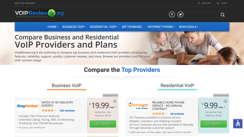 VoIPReview.org homepage comparing business and residential VoIP providers with pricing and features