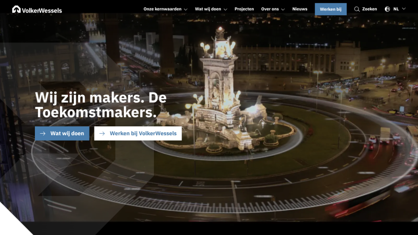VolkerWessels website hero with night city roundabout, headline 'Wij zijn makers. De Toekomstmakers.', and navigation menu