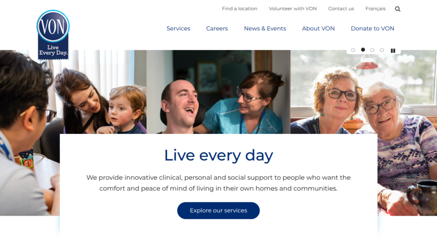 VON homepage with header navigation and hero section showing diverse people and text about innovative clinical and social support