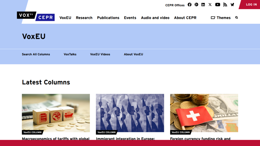 VoxEU homepage featuring latest columns with images and titles.