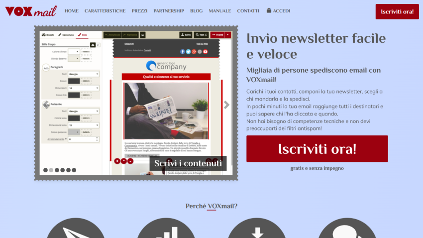 Voxmail website promoting easy newsletter creation with a call to action.