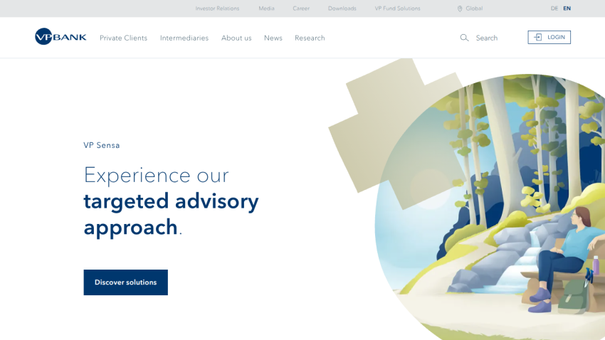 VP Bank homepage with targeted advisory approach message and discover solutions button