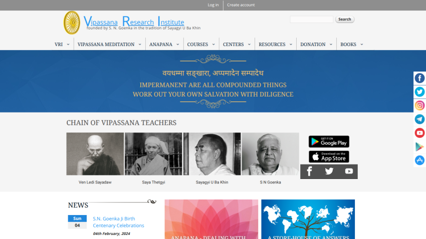Vipassana Research Institute homepage with navigation, quote on impermanence, chain of Vipassana teachers, news, and app download links