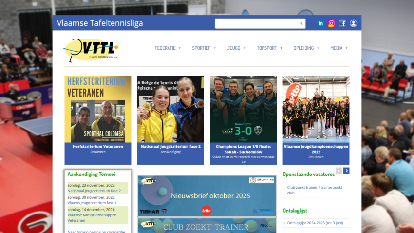 Vlaamse Tafeltennisliga homepage with event announcements, news, and navigation menu in Dutch