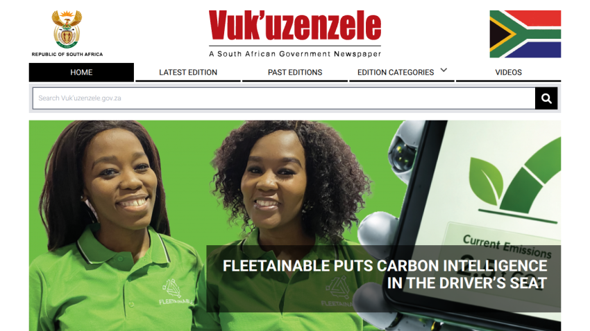Vuk'uzenzele newspaper homepage featuring two women and a headline about carbon intelligence.