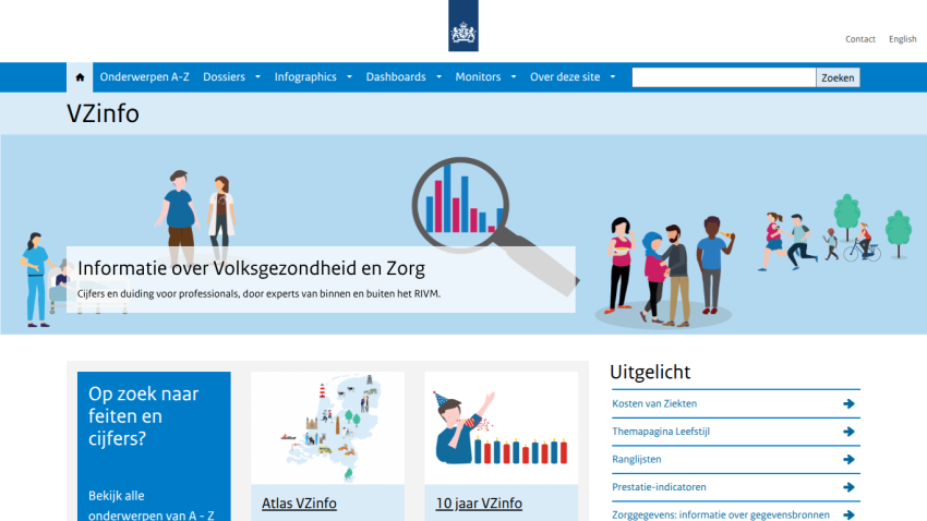Website homepage with header, search bar, and sections on health and care information, featuring illustrations and navigation links.
