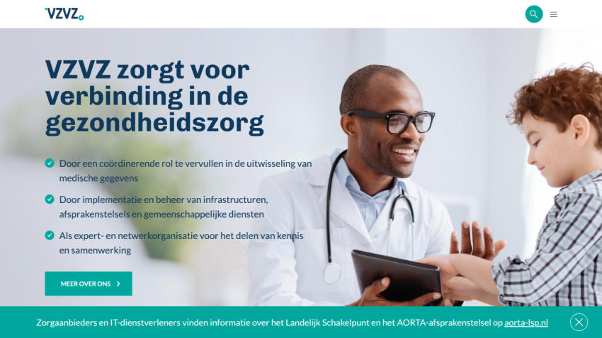 Healthcare connection service VZVZ with doctor and child, highlighting coordination and infrastructure management